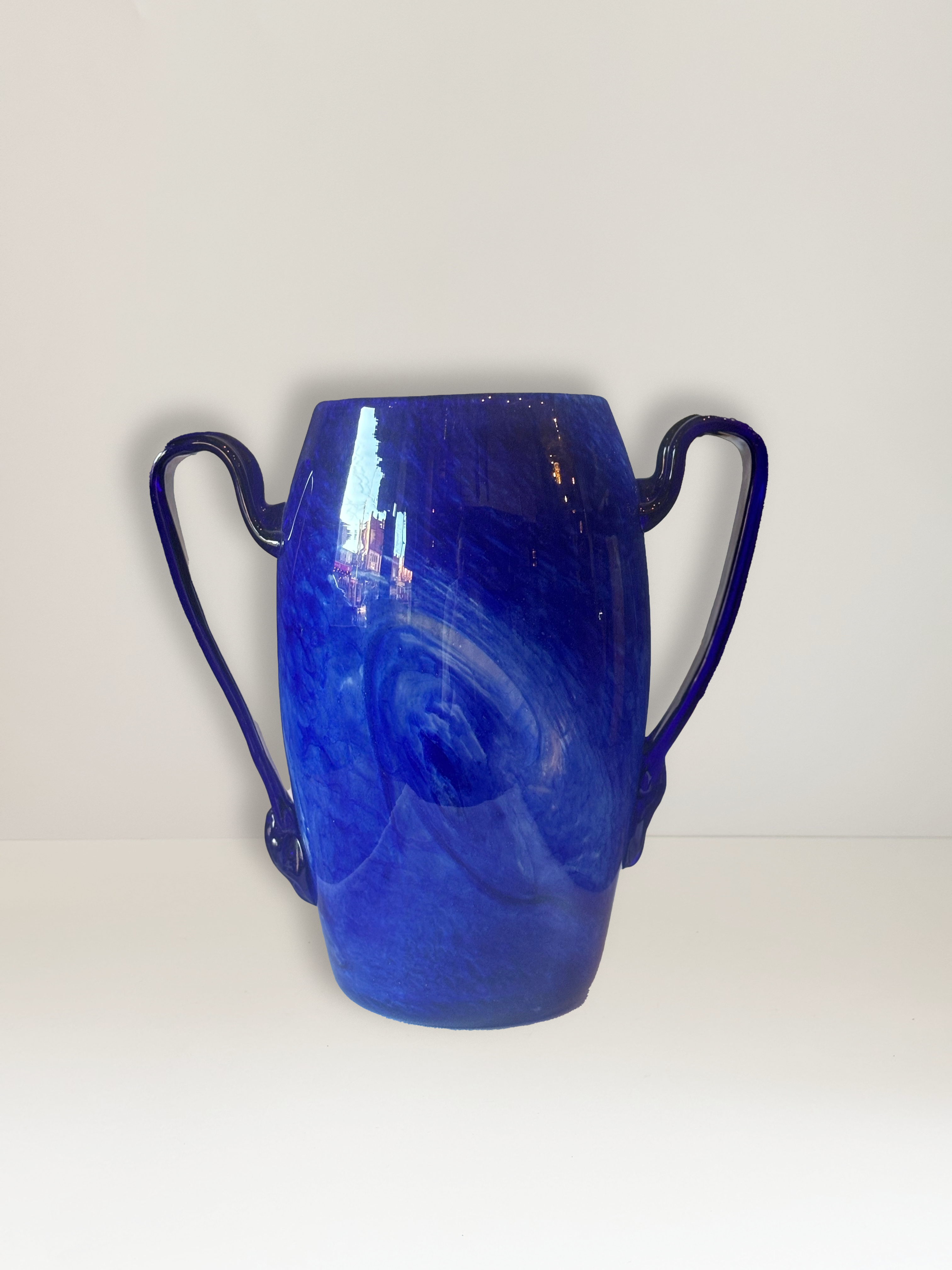 Vintage Art Glass Twin Handled Blue Vase